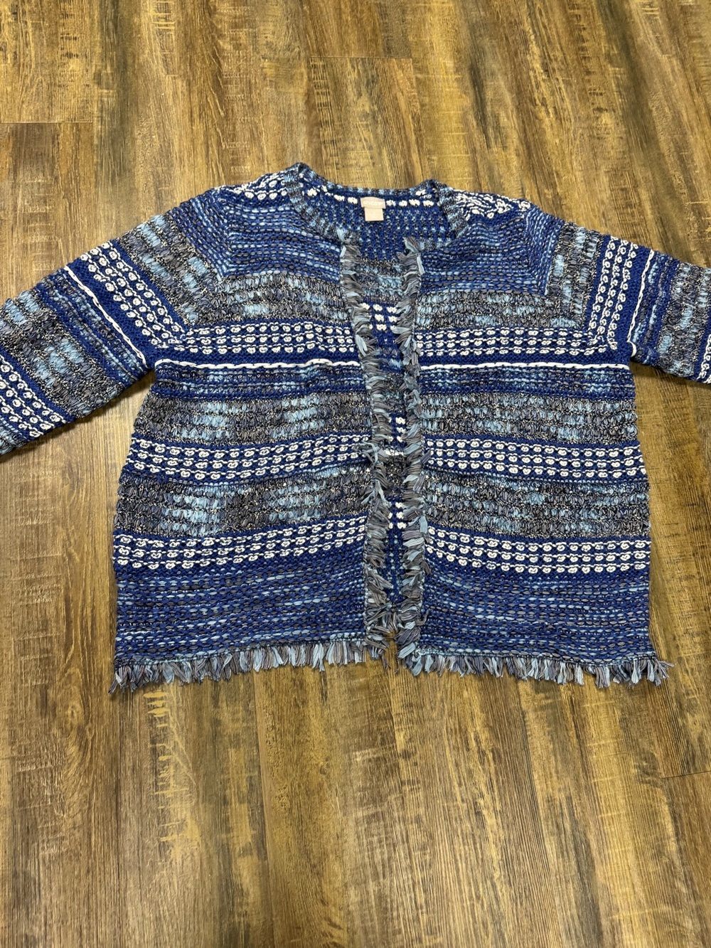 Chico's Multi-Blue Textured Fringe Open-Front Cardigan Size 4 XXL
